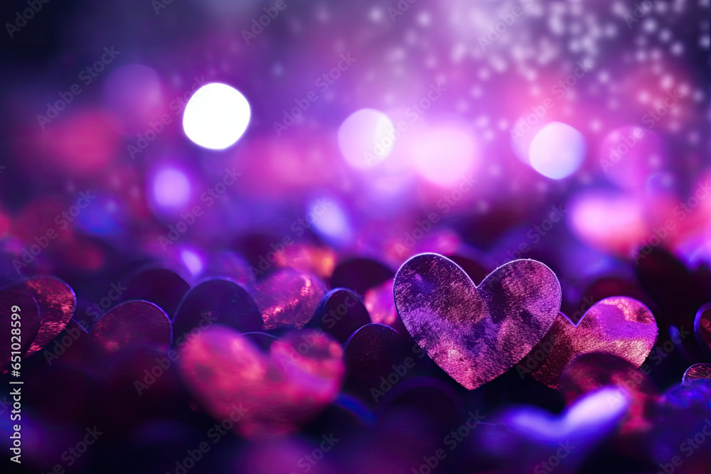 Abstract Bokeh Purple Hearts Valentine Day Background,  Generative AI