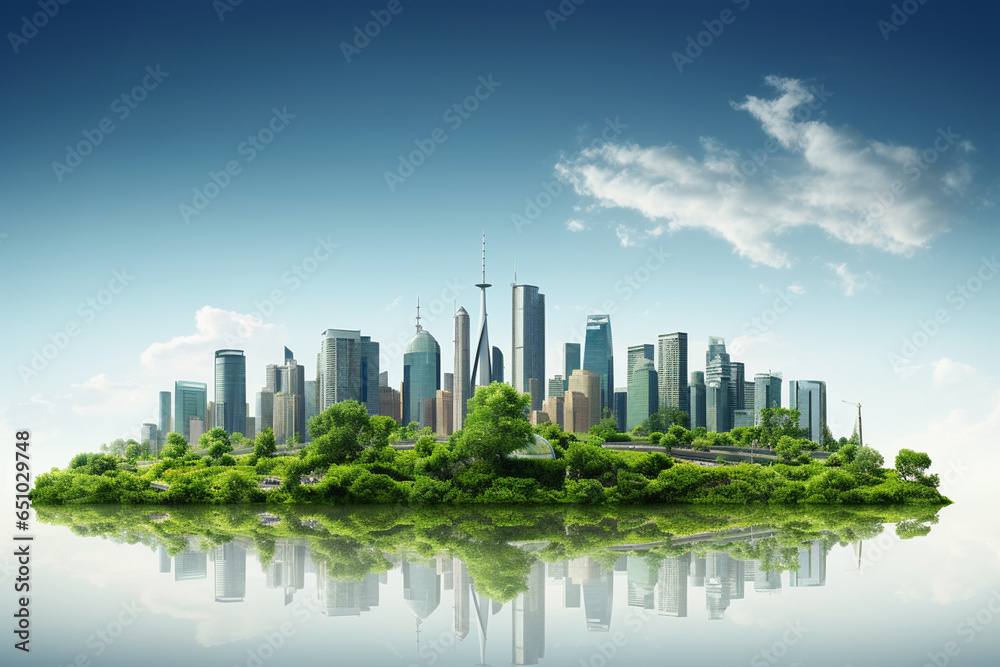 Obraz premium Image Of City Skyline Transforming Into Green Cityscape, Showcasing The Transition Towards Sustainable Urban Development