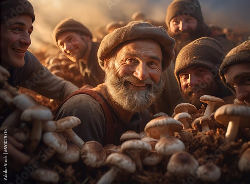 A group of mushroom pickers with mushrooms