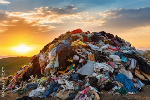 Heap Of Clothes Tossed Into Landfill . Сoncept Landfill Waste, Fast Fashion, Renewable Clothing, Textile Recycling