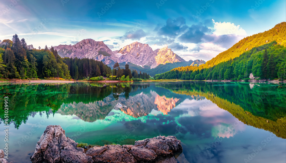 Obraz na płótnie Calm morning view of Fusine lake. Colorful summer sunrise in Julian Alps with Mangart peak on background, Province of Udine, Italy, Europe. Beauty of nature concept background w salonie