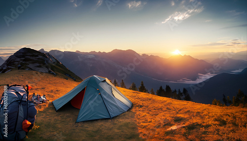 Camping tent high in the mountains at sunset