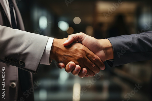 Multiethnic businessmen making deal with hand shake - Generative AI