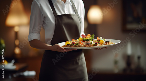 photograph of Waitress in uniform delivering tr, generative ai