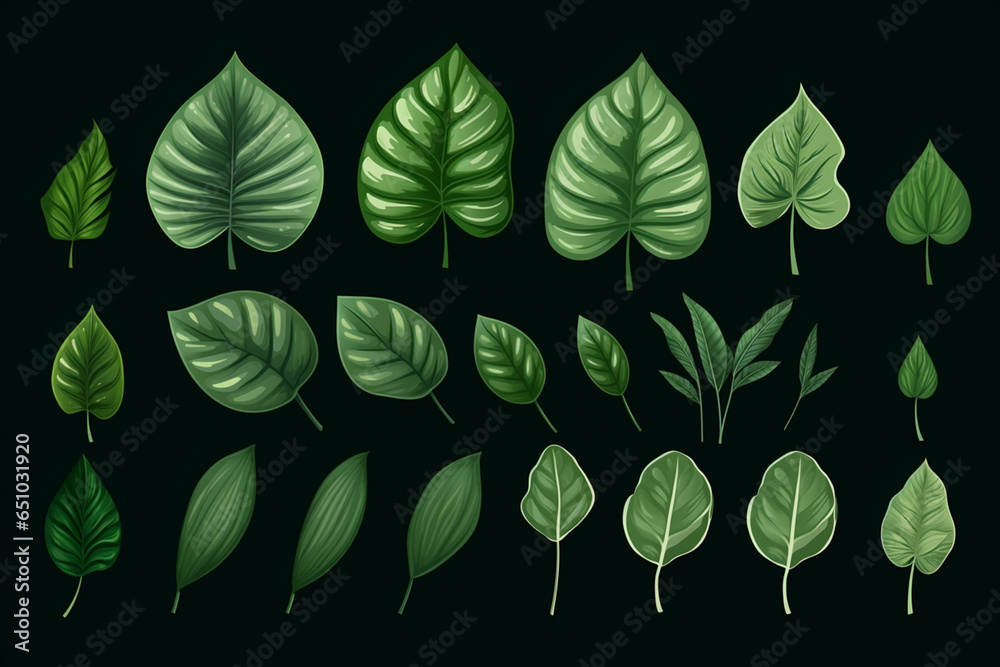 Fototapeta premium Set Dark Green Monster Leaves On White Background