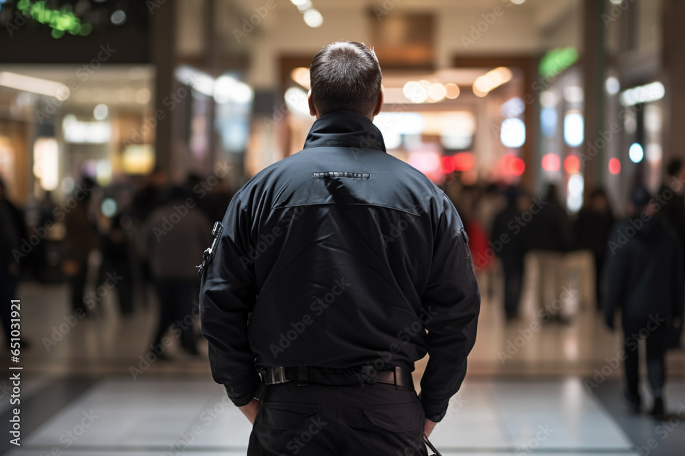 Security Guard In Black Stands With His Back To An Outoffocus Mall Security Guard In Black Stands With His Back To An Outoffocus Mall