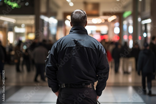 Security Guard In Black Stands With His Back To An Outoffocus Mall