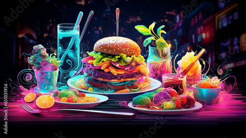 neon lights Food digital art stunning intricate glowing, generative ai