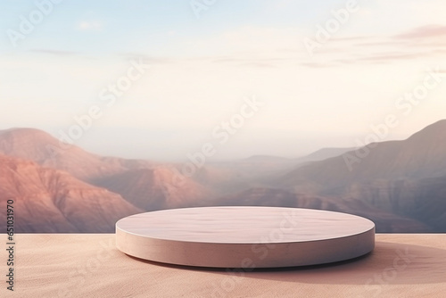 Stone Podium Table Top Against Landscape With Mountains In Pastel Colors Mockup With Space For Your Product