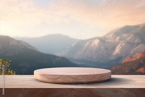 Stone Podium Table Top Against Landscape With Mountains In Pastel Colors Mockup With Space For Your Product