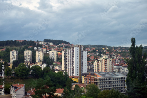 Panorama of city of Uzice, Serbia. Town scene with apartment buildings and houses.