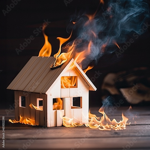 Burning model toy wooden house in flames, closeup