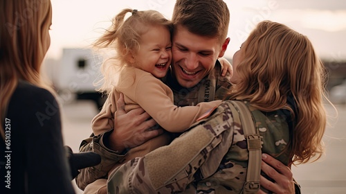 Ein Soldat und Kriegsheld kehrt von seiner Mission zu seiner Familie zurück photo