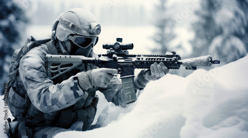 Ein Scharfschütze und Soldat wartet einsam in der eiskalten Winterregion auf den Start seiner Mission photo