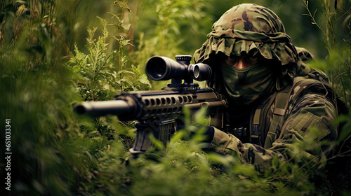 Ein Scharfschütze und Soldat wartet einsam im Wald auf den Start seiner Mission