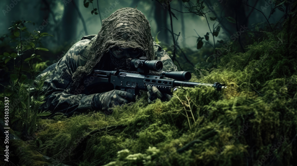 Ein Scharfschütze und Soldat wartet einsam im Dschungel auf den Start seiner Mission