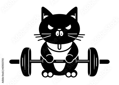 Cat lifting weights. Deadlifting gym logo concept. Black and white cat deadlifting. Minimalist vector illustration.
