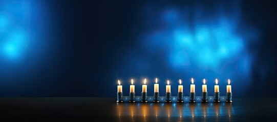 Lit candles at the Hanukkah festival of lights on a blue background.