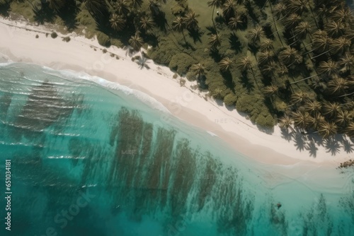 Tropical Beach coastline with palm trees, rock formations and aqua waves
