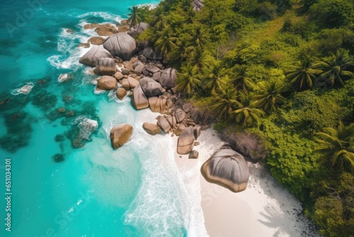 Tropical Beach coastline with palm trees, rock formations and aqua waves