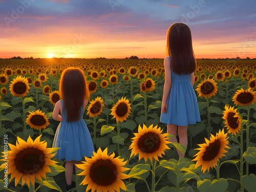 Sunflower garden and romantic sunset,ai generative 