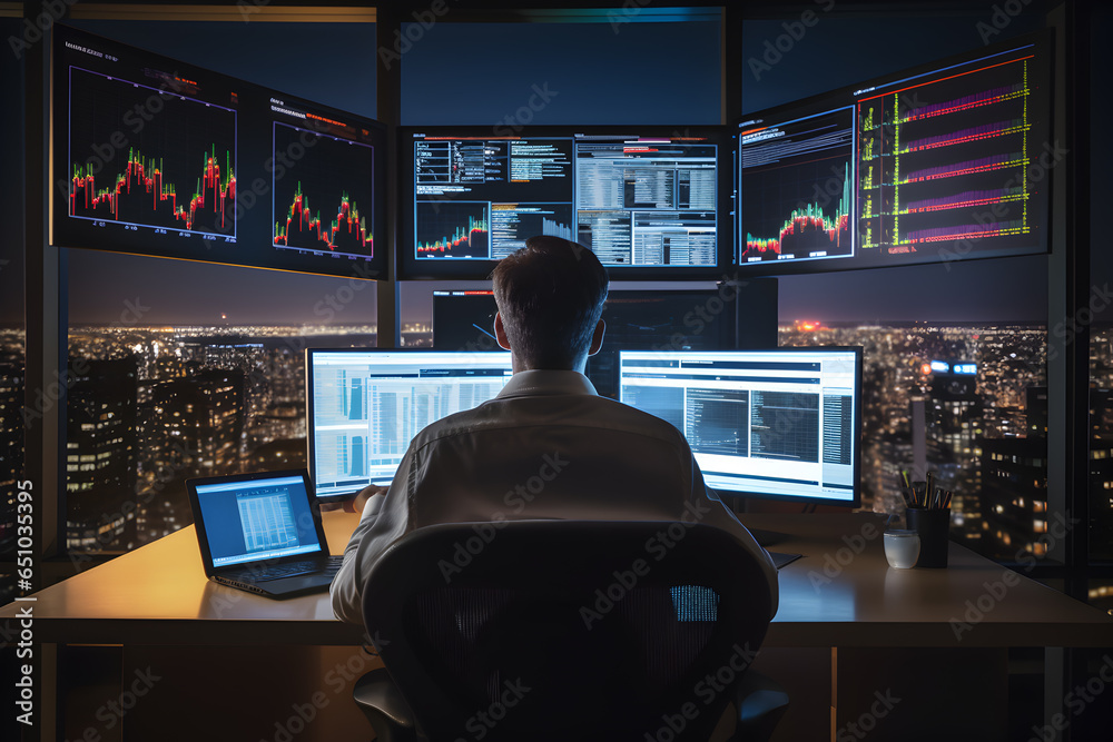 Rear view of businessman sitting in office and looking at monitors with stock market data on the screen. Generative AI Rear view of businessman sitting in office and looking at monitors with stock market data on the screen. Generative AI