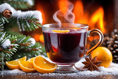 Heißer Weihnachtsglühwein mit Zimt in einer verschneiten Umgebung mit Tannenzweigen und Orangen