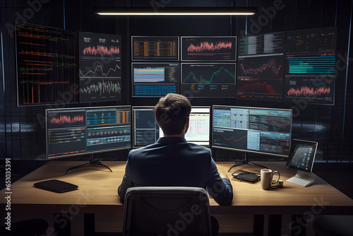 Rear view of businessman sitting in office and looking at monitors with stock market data on the screen. Generative AI photo