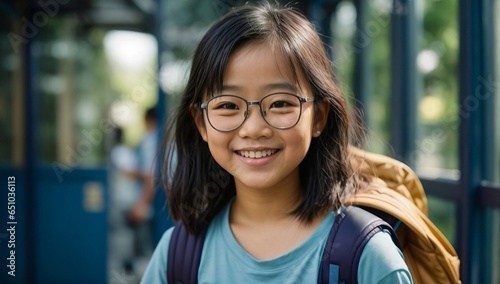 Close-up portrait of an asian girl with backpack and glasses, smiling and happy, against a school blue background. Back to school concept generative ai