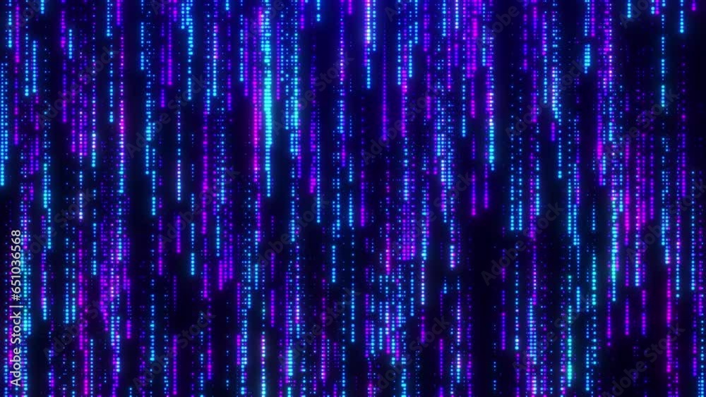 Digital background of glowing lines, high-speed stream of neon particles, large data stream, blue digital technology background, moving light particles, spatial communication network. seamless loop
