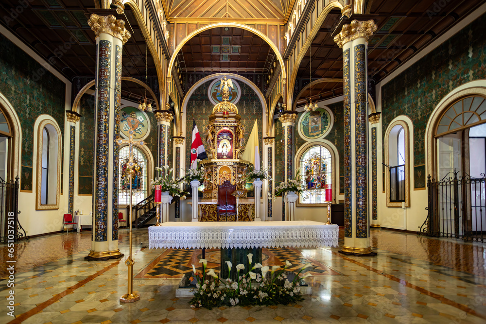 Interior of Basilica de Nuestra Senora de los Angeles (Our Lady of the Angels Basilica), Roman Catholic basilica in Costa Rica, located in Cartago and dedicated to Lady of the Angels