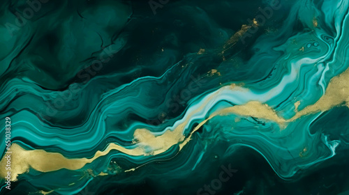 Green marble and gold abstract background texture. Dark emerald marbling with luxury gold swirls. 