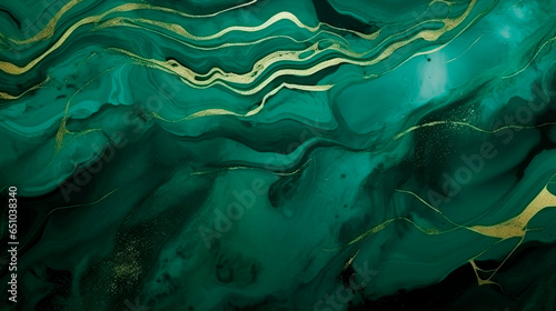 Green marble and gold abstract background texture. Dark emerald marbling with luxury gold swirls. 