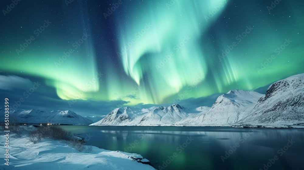 Northern Lights Dancing Over Snowy Mountains, beautiful winter night, with copy space