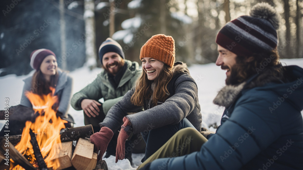 Fototapeta premium Group of Colleagues Enjoying a Winter Team-Building Retreat, winter, cozy, people, snow, with copy space