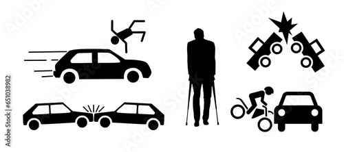 Car accident icons set. Vector illustration in black and white colors.
