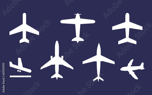 A collection of airplane icons portraying airplane silhouettes in vector format, set against a dark backdrop.