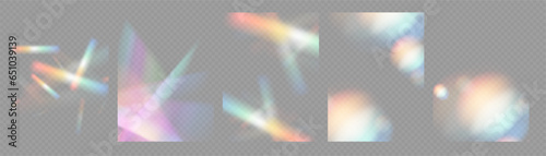 Crystal light glasses effect sparkle prism glare reflection effect. Banner optical rainbow lights, glare, leak, streak overlay. falling confetti. Vector banner colorful vector lenses and light flares.