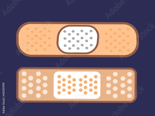 Vector illustrations of medical plasters isolated on a white background, presented in a flat style with a dark backdrop.