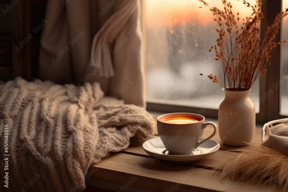 Cozy photo. A cup of coffee, a book and a candle by the window