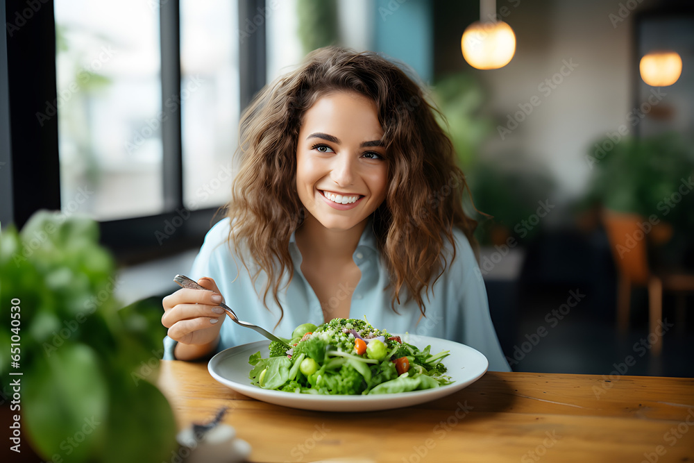 Young and happy woman eats healthy salad sitting on table with fresh green ingredients in the house. Young and happy woman eats healthy salad sitting on table with fresh green ingredients in the house.