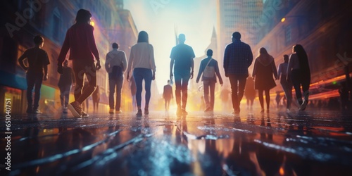 Diverse Group of People Strolls Through the Bustling Center of the City, Set Against a Vibrant Colored Background, Reflecting the Energetic and Multicultural Pulse of Urban Life