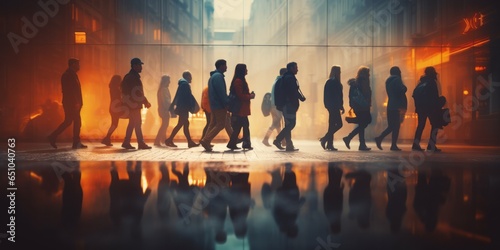 Diverse Group of People Strolls Through the Bustling Center of the City, Set Against a Vibrant Colored Background, Reflecting the Energetic and Multicultural Pulse of Urban Life