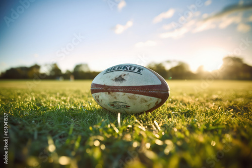 Close up of rugby ball on rugby field