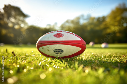 Close up of rugby ball on rugby field