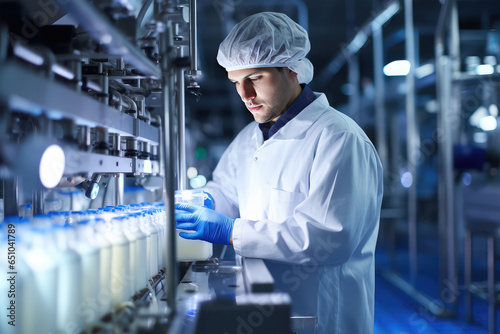 worker testing quality of milk on background