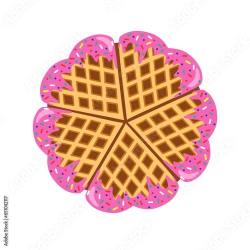 Waffles in the shape of a heart with strawberries pink glaze isolated on white background.