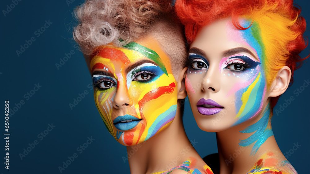 Two cute young women with painted faces and colorful haircuts and makeup on a dark background