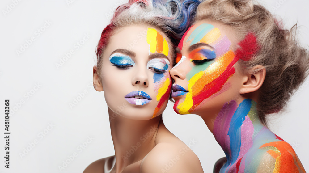 Two cute young women with painted faces and colorful haircuts and makeup on a white background Two cute young women with painted faces and colorful haircuts and makeup on a white background