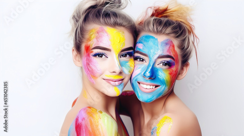 Two cute young women with painted faces and colorful haircuts and makeup on a white background
